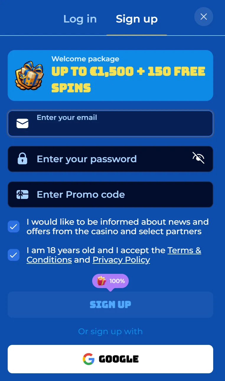 RoyalSpinia Casino login en registratie scherm